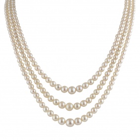 White Gold Pearl, Diamond and Sapphire Necklace